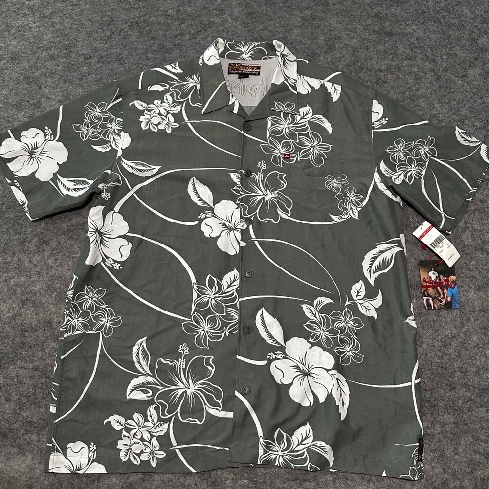 NEW Deadstock Vtg 90s Quiksilver Hawaiian Boardriding Shirt Mens L Green Floral - Picture 2 of 11